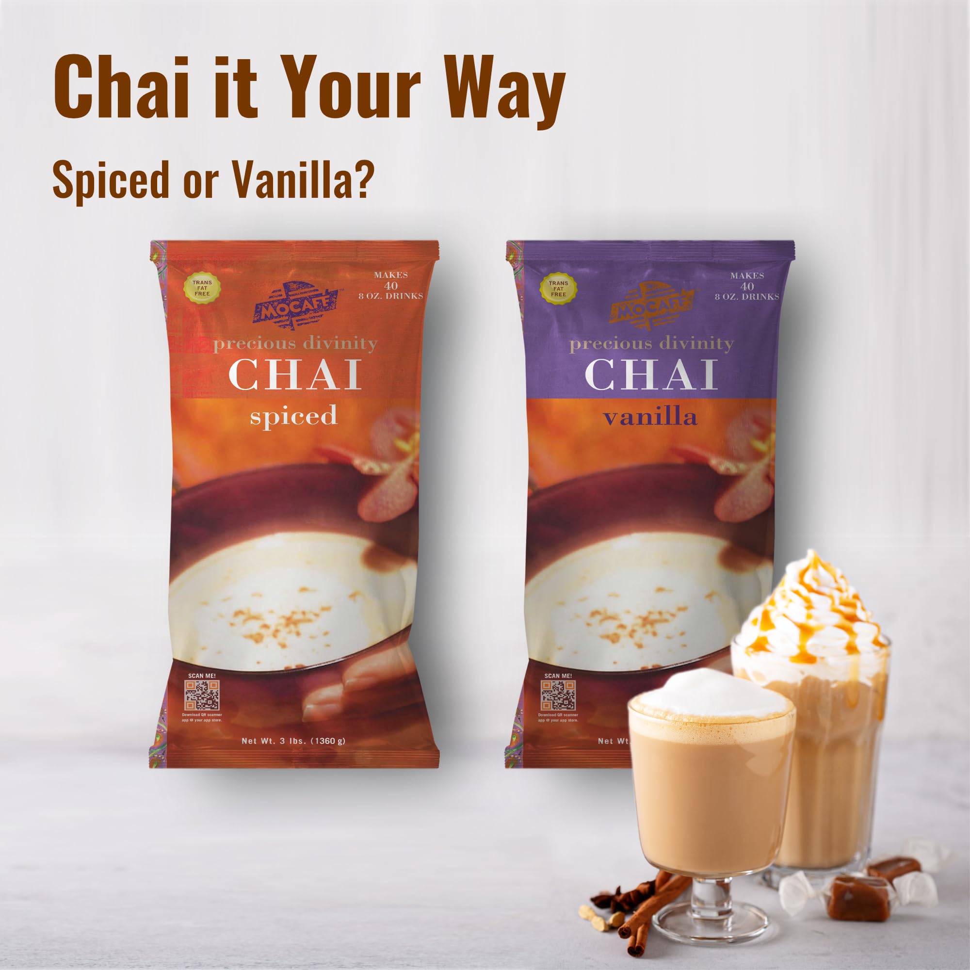 MOCAFÉ Spiced Chai with cinnamon garnish image emphasizes warm spice aroma.