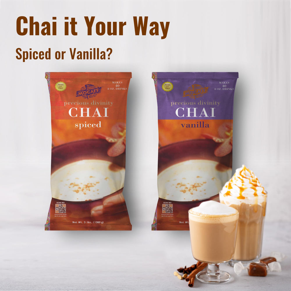 MOCAFÉ Spiced Chai with cinnamon garnish image emphasizes warm spice aroma.