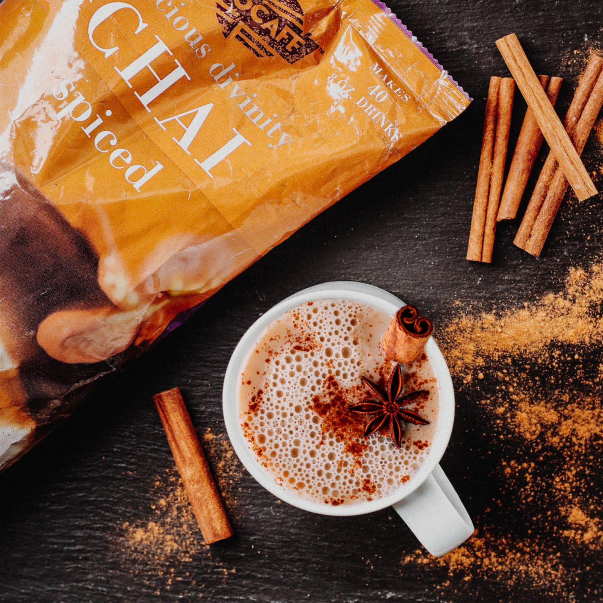 MOCAFÉ chai latte powder scoop-dispense image highlights easy measurement for quick drinks.