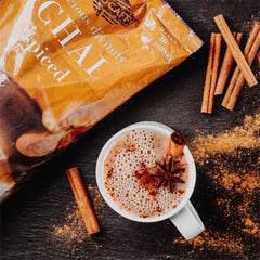 MOCAFÉ chai latte powder scoop-dispense image highlights easy measurement for quick drinks.