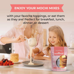 Mochi Foods Hawaii mochi pancake breakfast table with syrup and fruit.