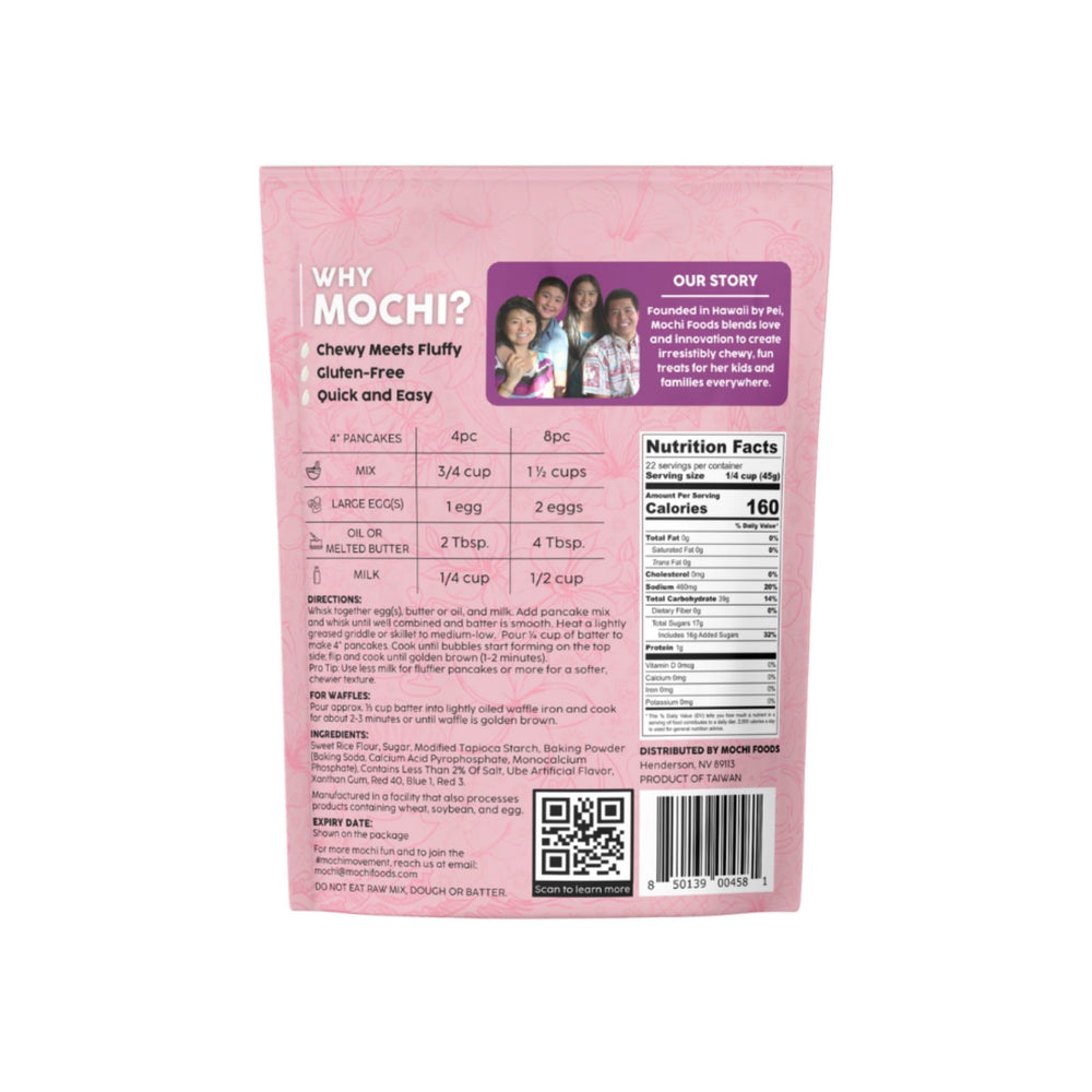 Mochi Foods Ube Pancake Mix ingredients label shows simple gluten-free recipe notes