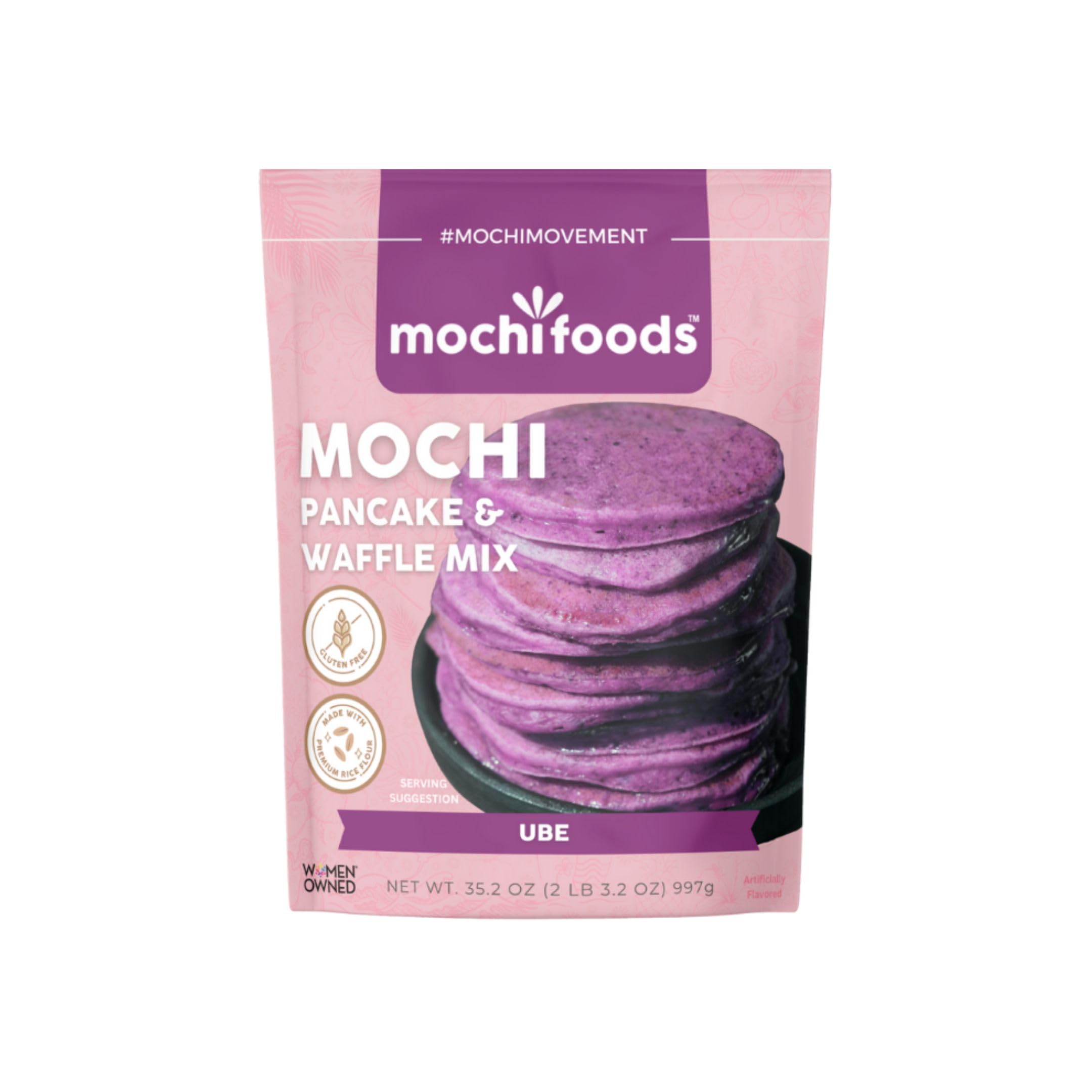 Mochi Foods Ube Pancake Mix packaging highlights gluten-free formula for chewy mochi-style pancakes