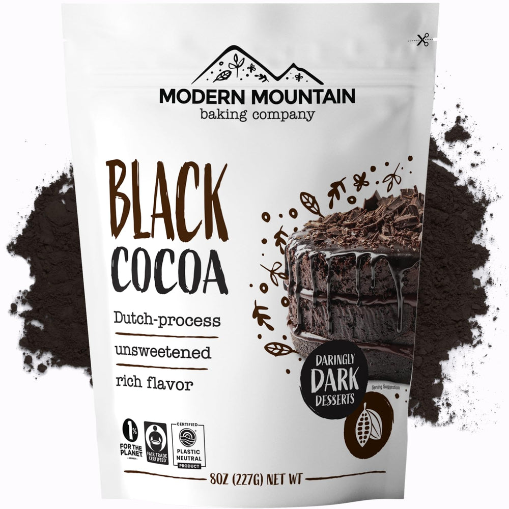 Modern Mountain Black Cocoa Powder 8oz bag showing rich color for deep chocolate baking
