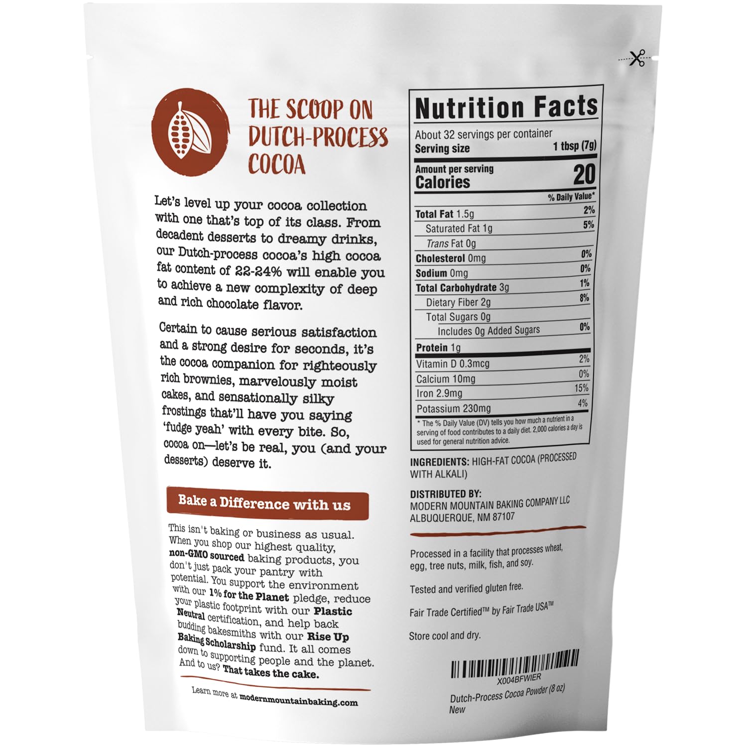 MODERN MOUNTAIN Cocoa Powder Dutch process pour showing smooth chocolate notes.