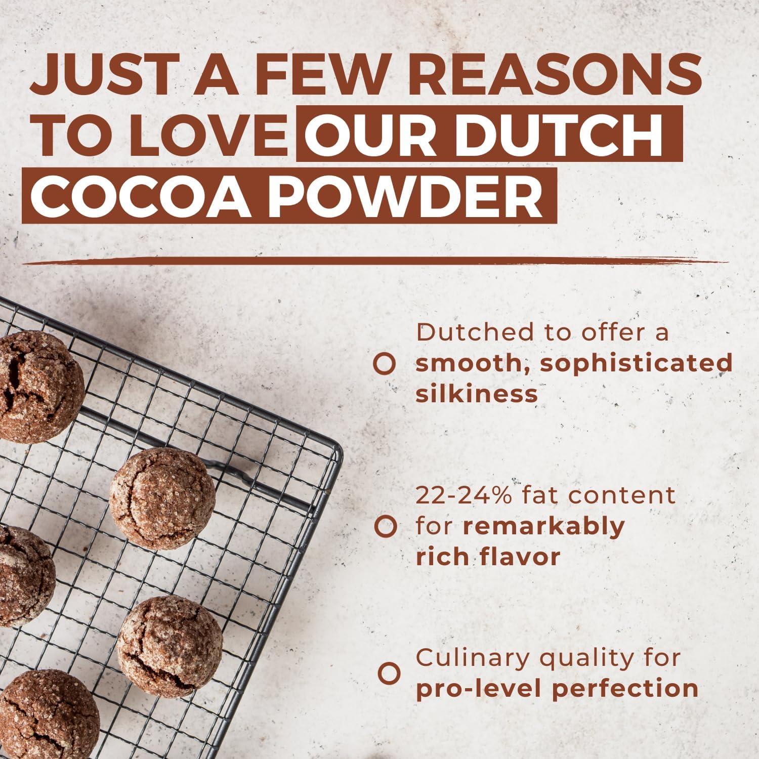 MODERN MOUNTAIN Cocoa Powder fudge closeup hints at luscious texture in desserts.