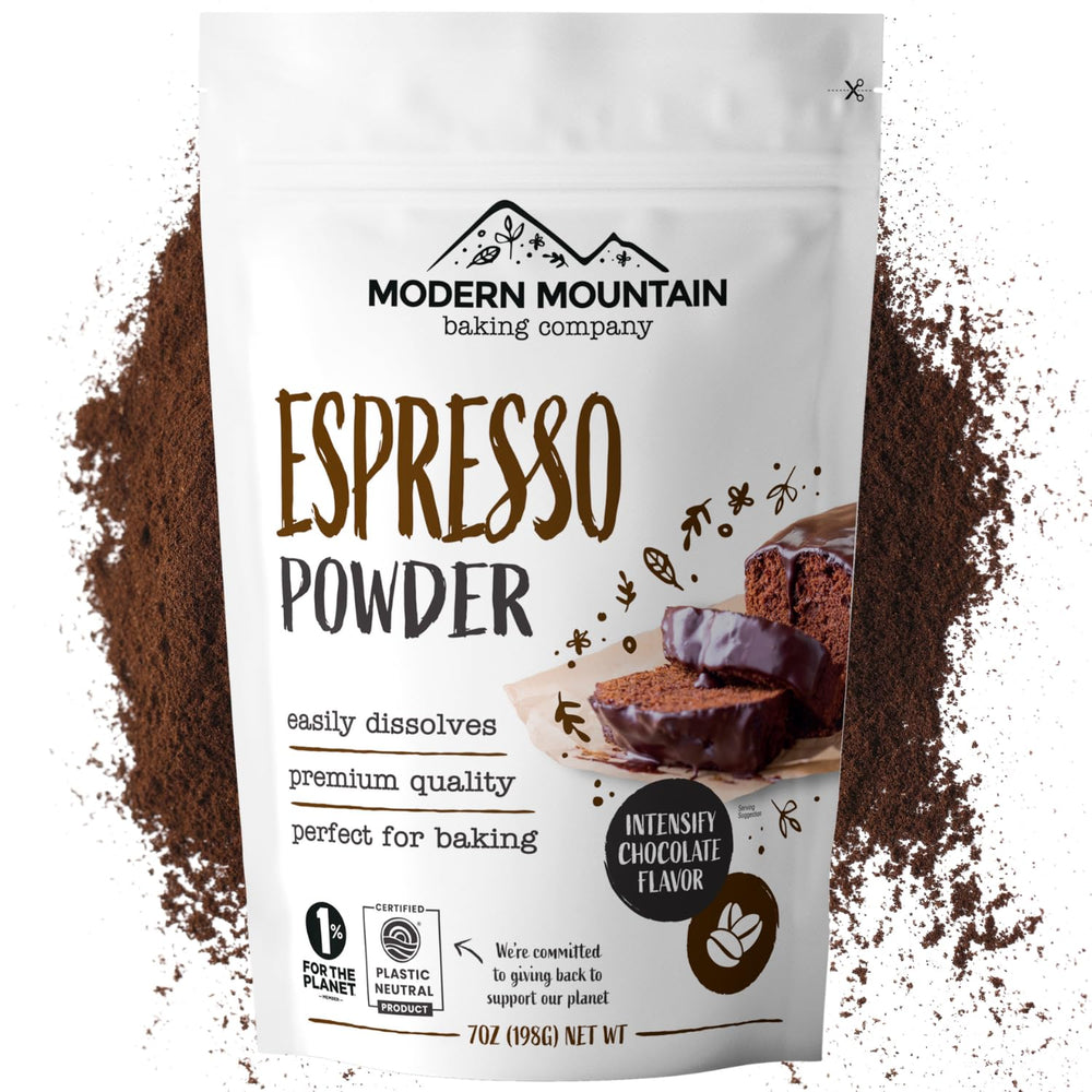 Modern Mountain Espresso Powder bottle pour showing rich, even flavor infusion for baked goods.