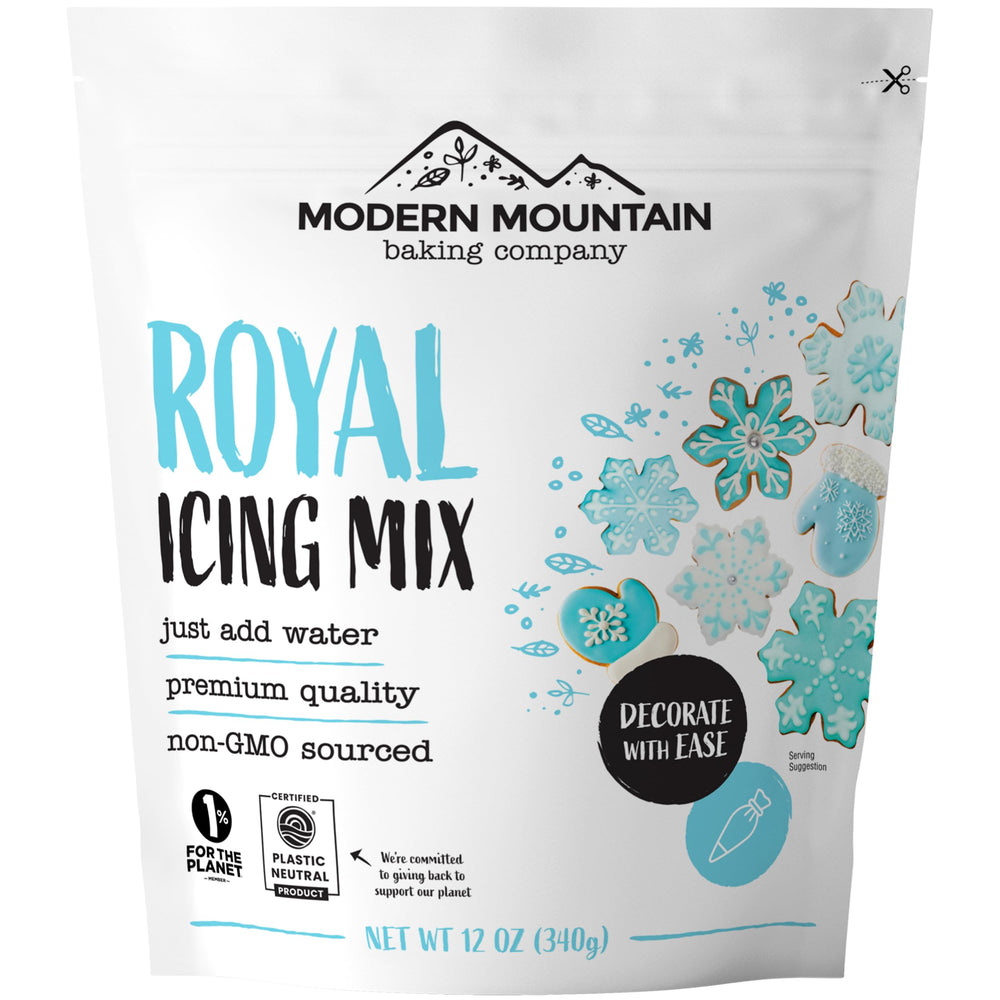 MODERN MOUNTAIN Royal Icing Mix 12oz packaging demonstrates quick, mess-free prep for cookies.