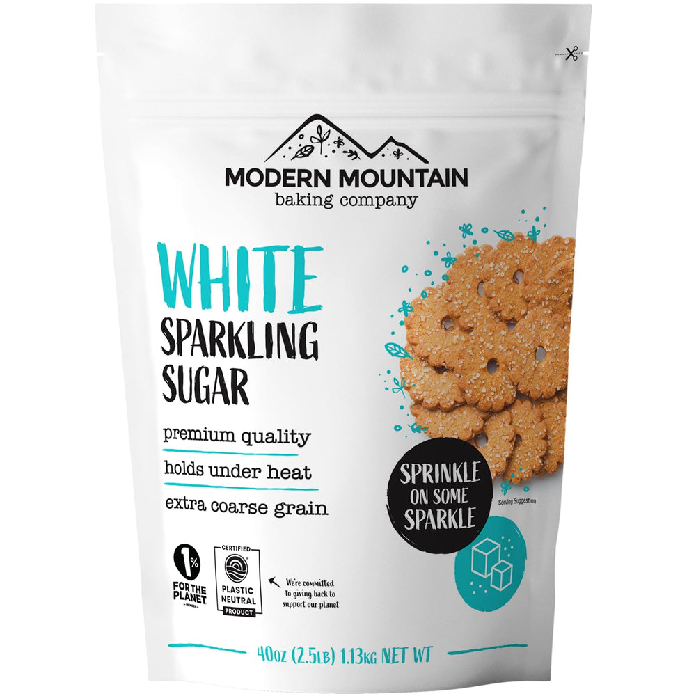 Modern Mountain sparkling sugar crystals bag 2.5lb highlighting bright white shimmer that enhances cookies and muffins.