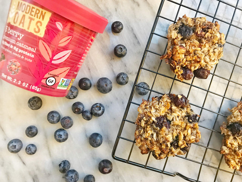 Modern Oats 5 Berry packaging design emphasizes wholesome, convenient breakfast.