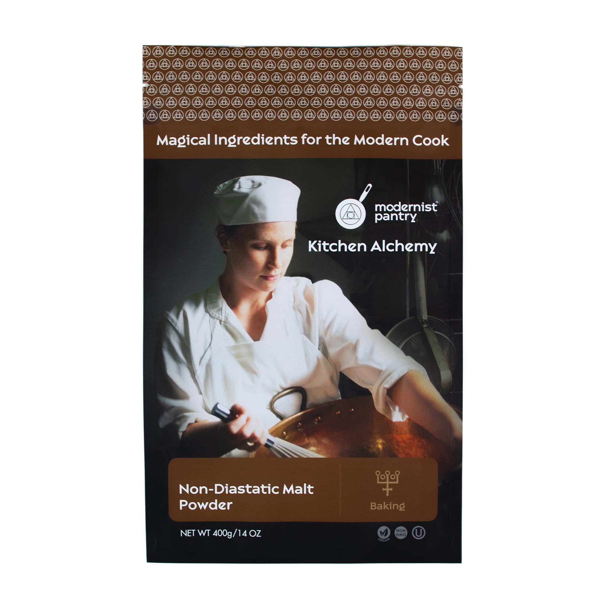 Modernist Pantry non-diastatic barley malt powder packaging shown for pantry-ready storage and kosher authenticity.