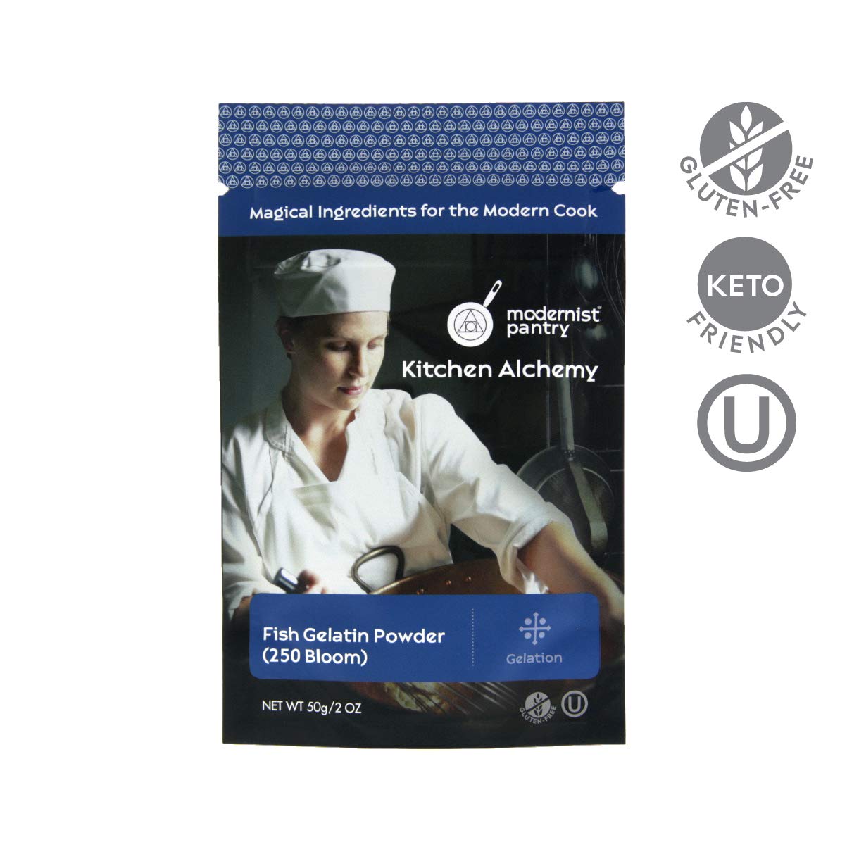 Modernist Pantry Pure Fish Gelatin Powder with measuring spoon for precise use.