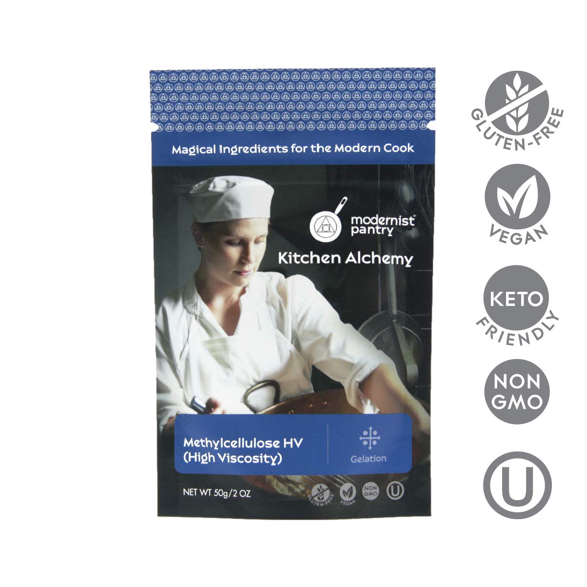 Modernist Pantry Pure Methylcellulose HV dissolves in cold liquids for a clear viscous solution.