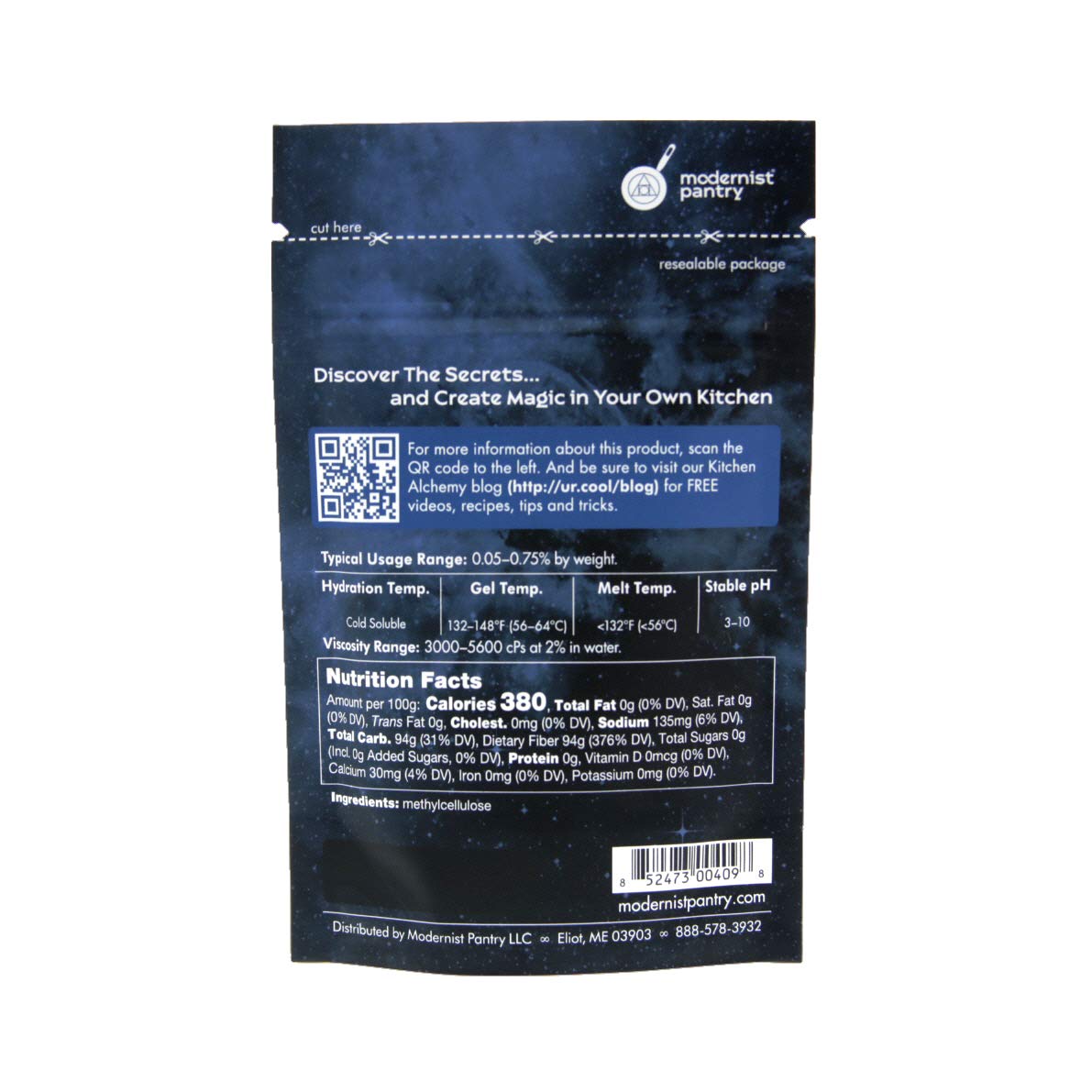 Modernist Pantry Pure Methylcellulose HV forms a thermo-reversible gel when heated.