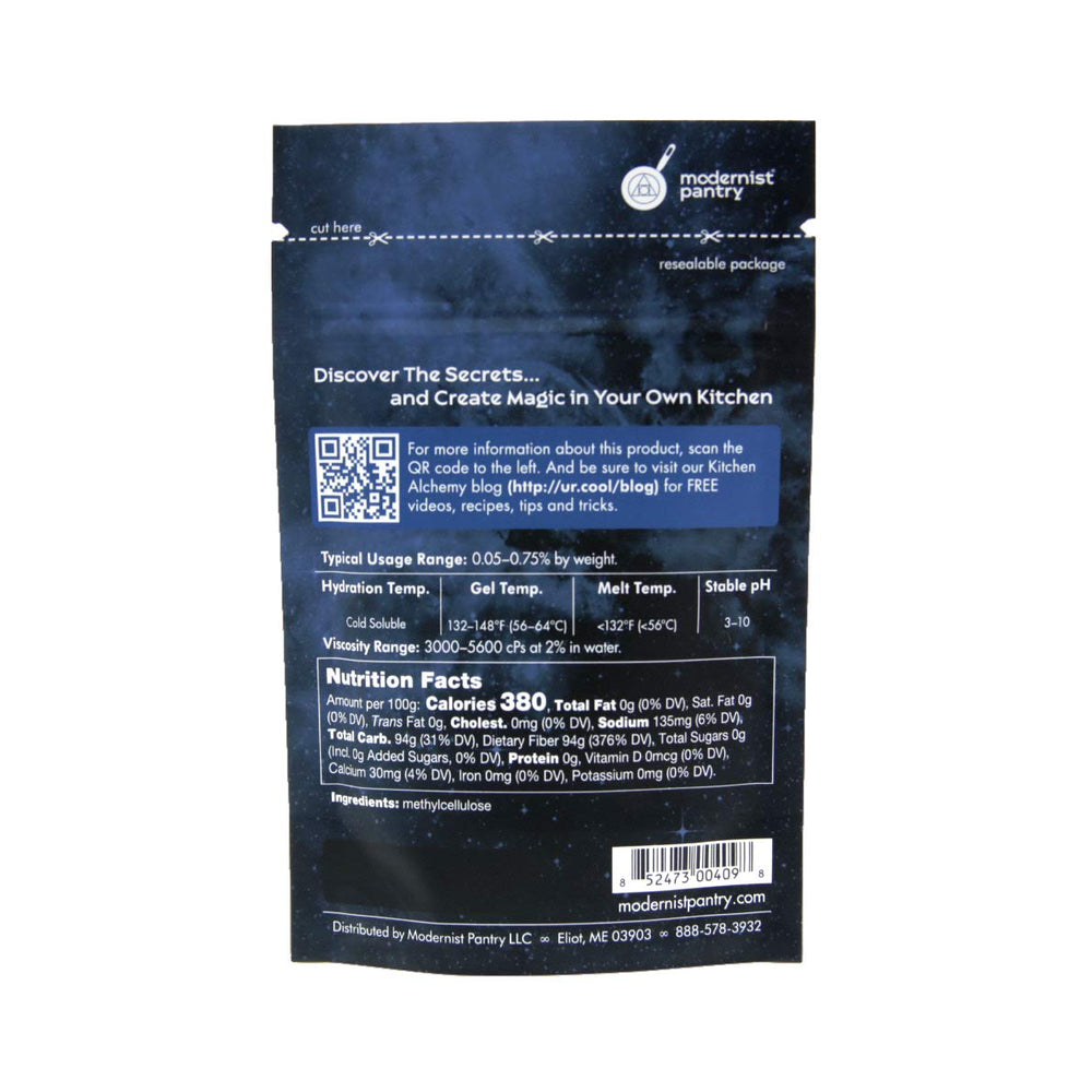 Modernist Pantry Pure Methylcellulose HV forms a thermo-reversible gel when heated.