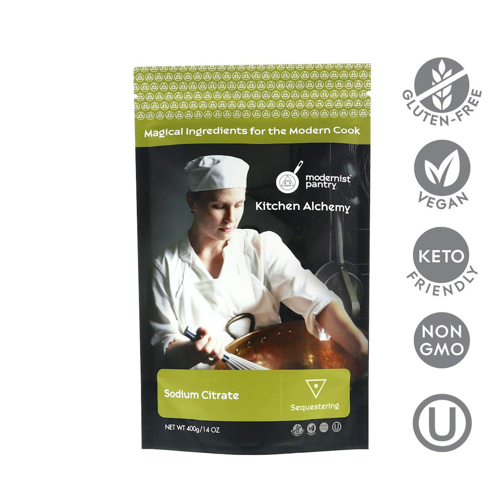 Modernist Pantry Pure Sodium Citrate label closeup highlighting non-GMO and vegan quality.