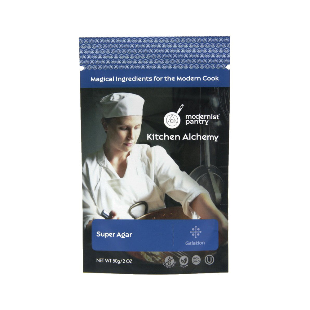 Modernist Pantry Pure Super Agar powder package shows OU Kosher certification for vegan gelling.