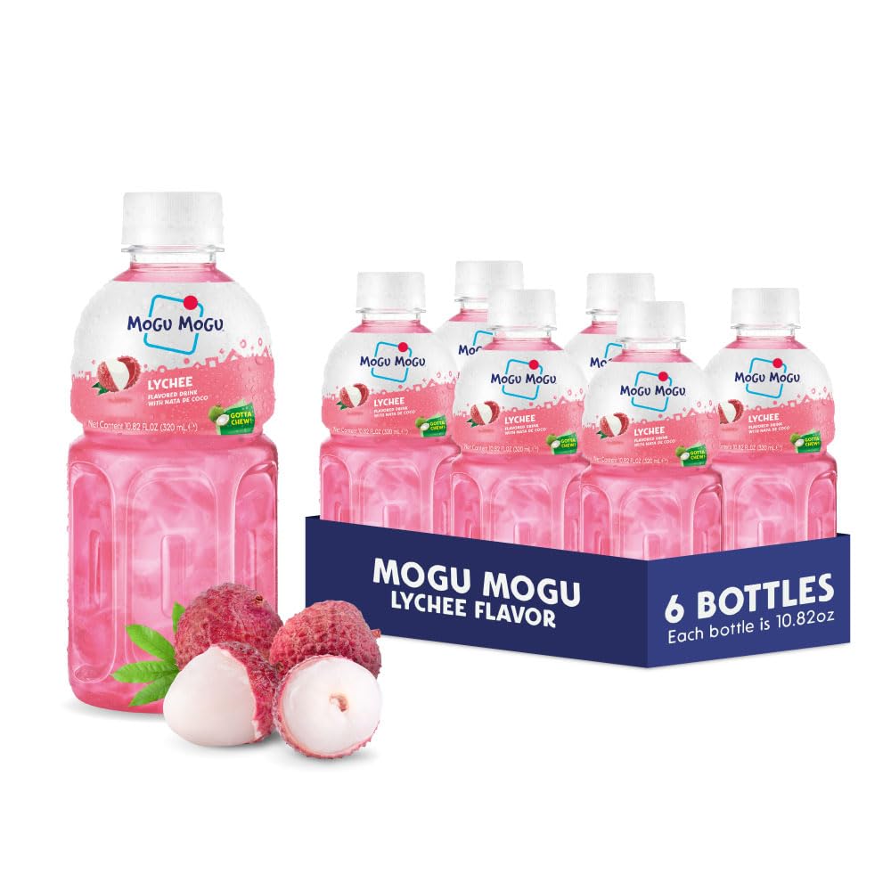 Mogu Mogu lychee juice bottle shows chewy nata de coco for a fun drink experience.