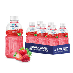 Mogu Mogu strawberry juice bottle with nata de coco—chewy snack on the go.