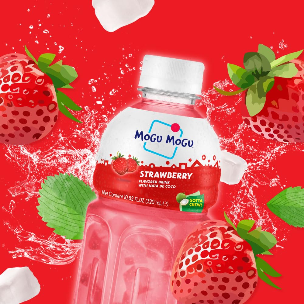 Mogu Mogu strawberry juice with pulp closeup, vibrant fruit flavor.