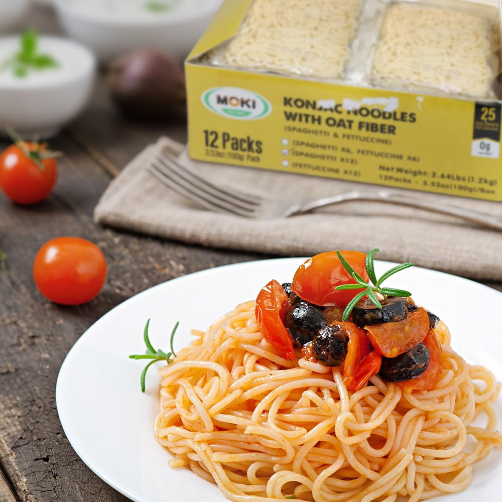 MOKI Konjac Noodles bowl with ingredients illustrates plant-based, diabetic-friendly option.
