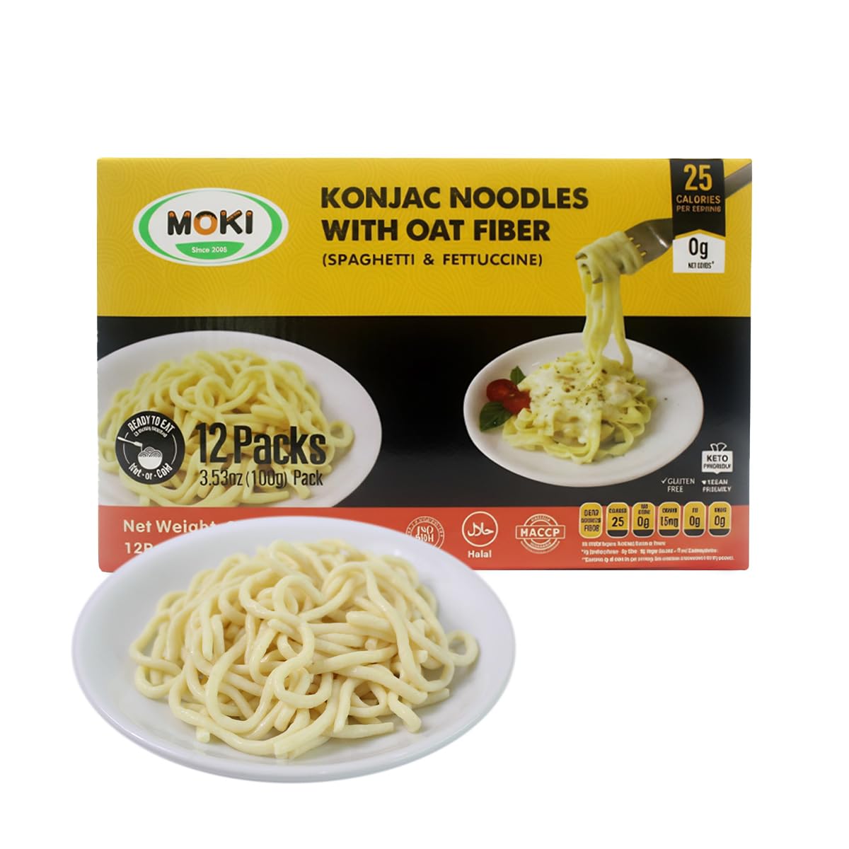 MOKI Konjac Noodles packaging showcases a gluten-free, low-calorie option for quick meals.