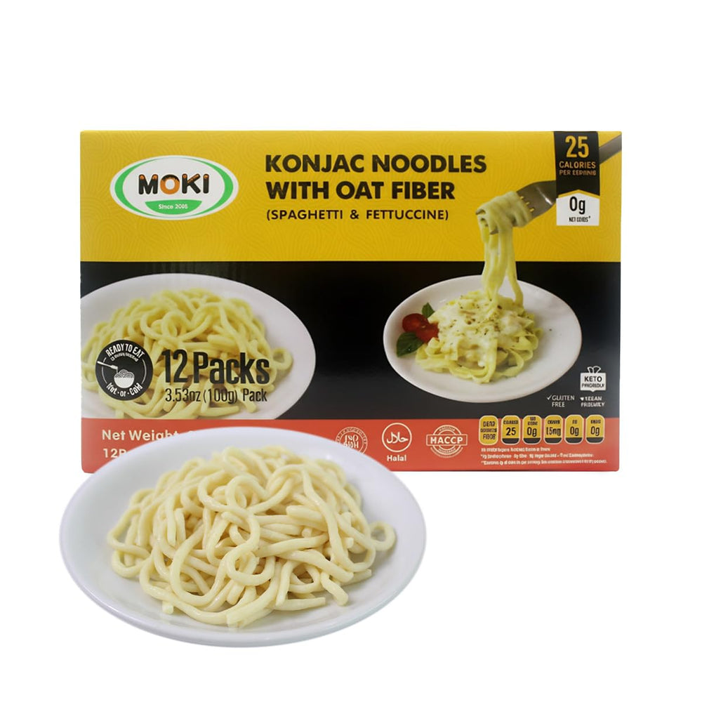 MOKI Konjac Noodles packaging showcases a gluten-free, low-calorie option for quick meals.
