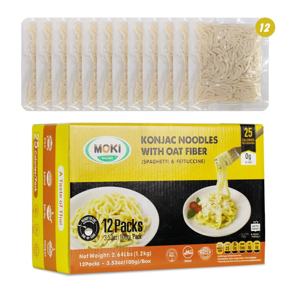 MOKI Konjac Noodles quick prep image emphasizes rinse-and-heat convenience.