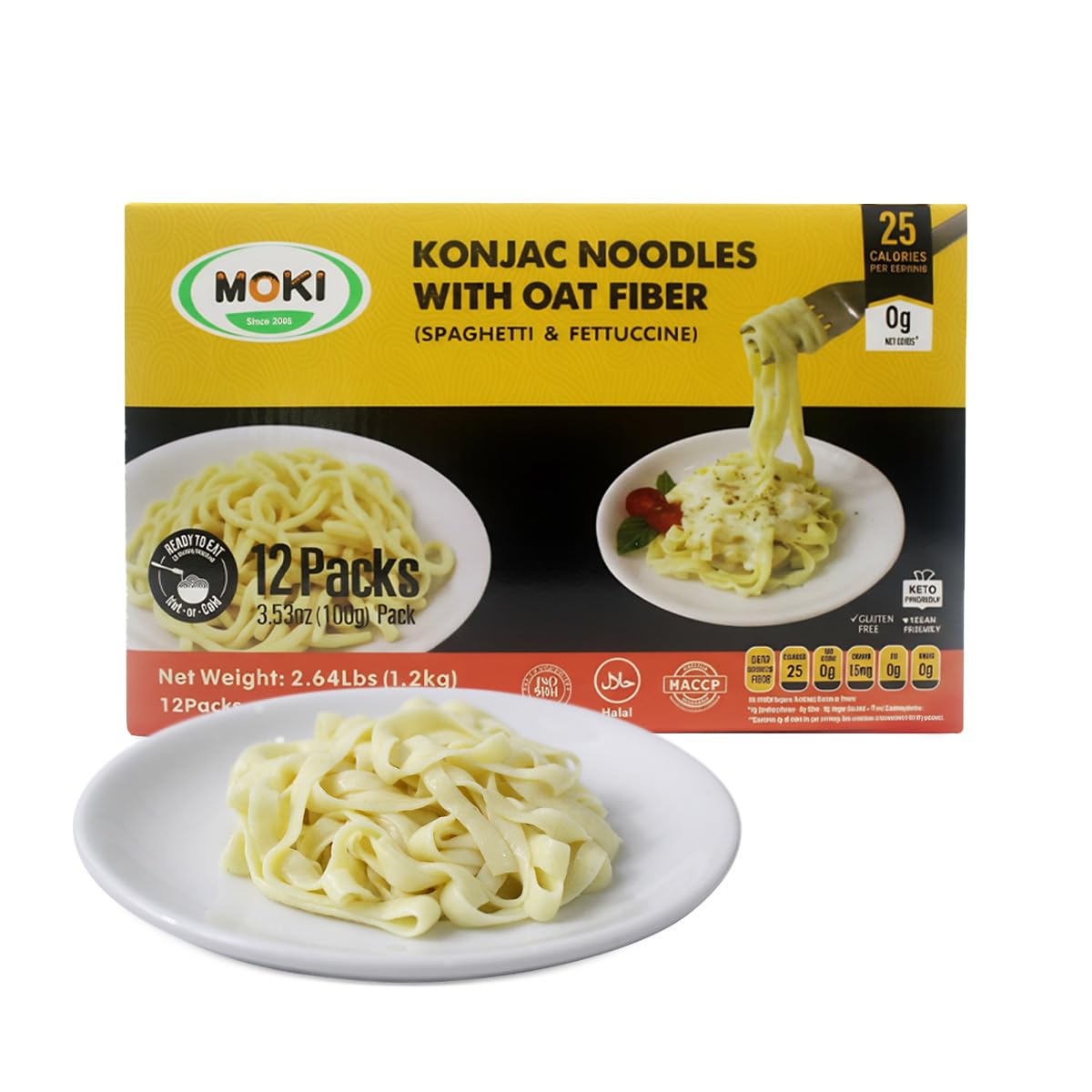 MOKI wide konjac oat noodles in a bowl, ideal for a low-carb dinner.