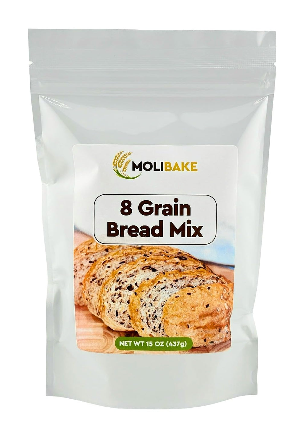 Molibake 8 Grain Bread Mix packshot highlights natural multigrain blend for hearty homemade bread.