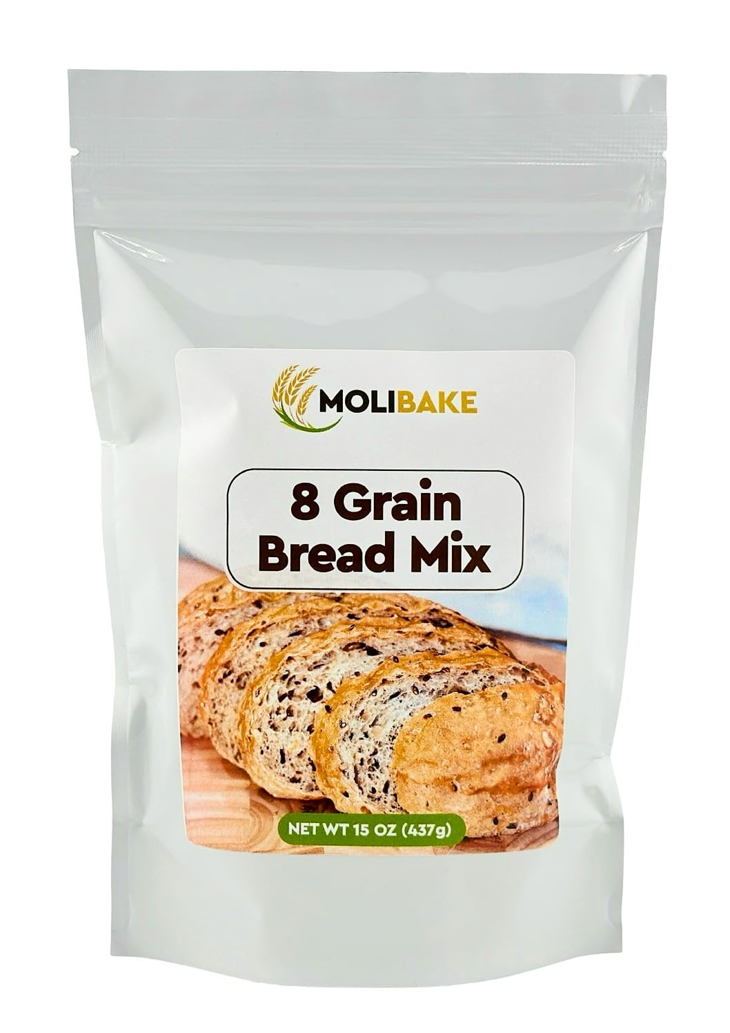 Molibake 8 Grain Bread Mix packshot highlights natural multigrain blend for hearty homemade bread.