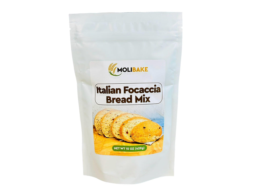 Molibake Italian Focaccia Bread Mix pack front ready for home bakers