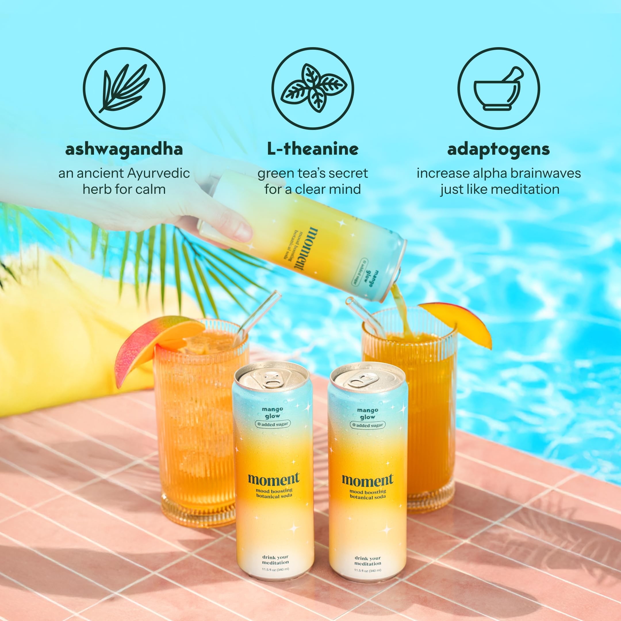 Moment 12-pack display of Mango Glow bottles for convenient daily use.