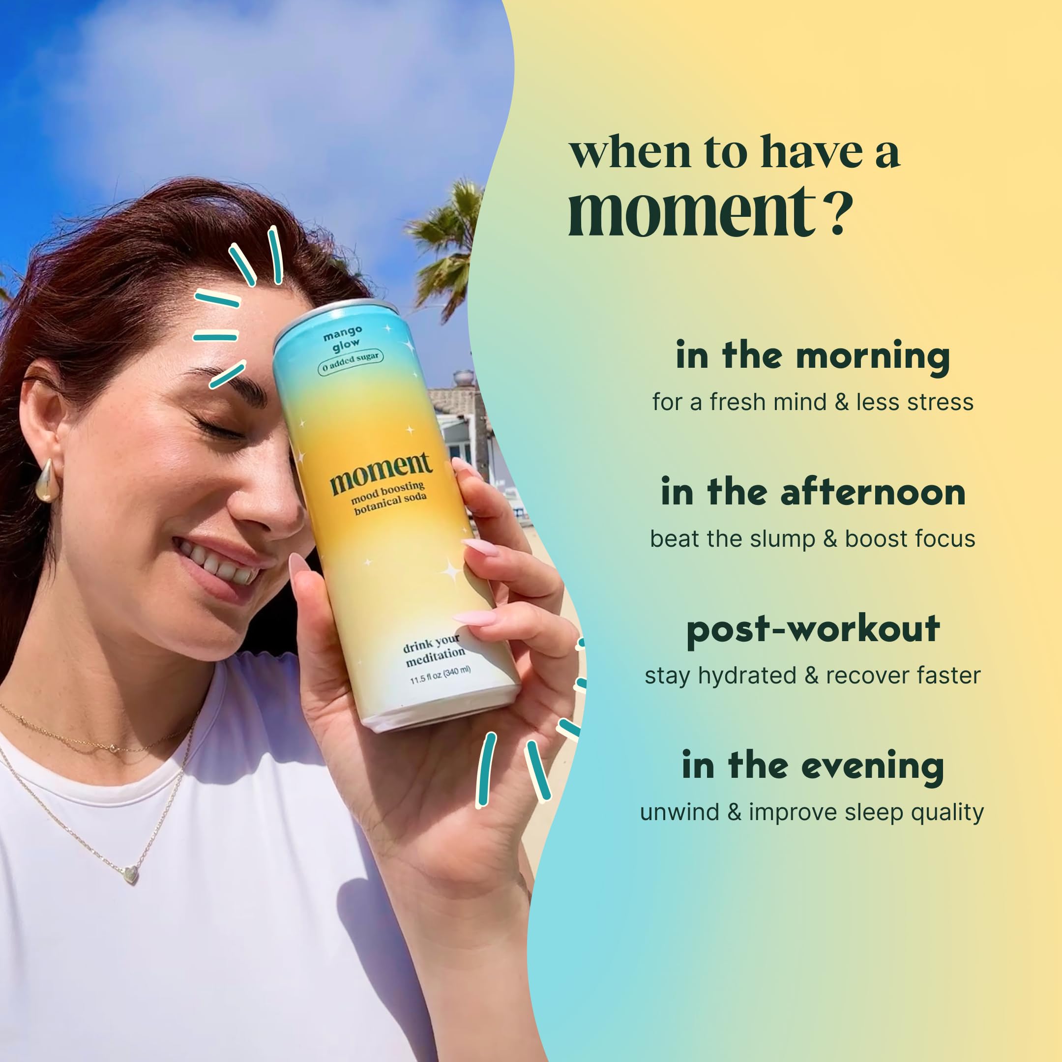 Close-up of Moment Botanical Soda label with ashwagandha and L-theanine, hinting calming benefits.