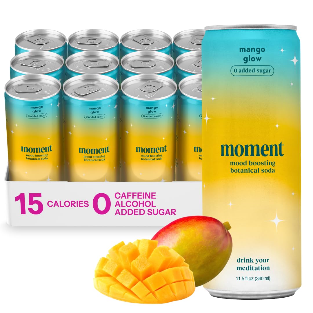 Moment Botanical Soda Mango Glow can on a bright surface, refreshing mood support.