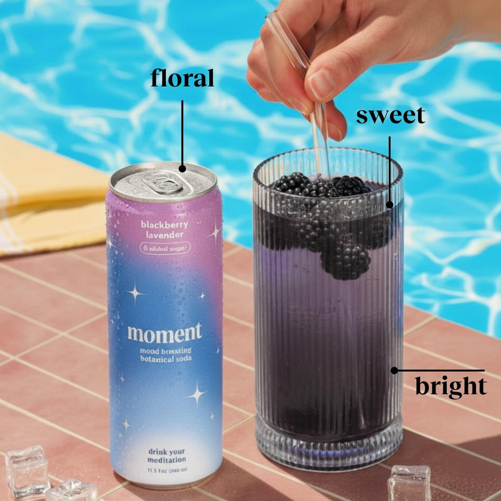 Moment Botanical Soda glass mocktail shot suggests versatile, caffeine-free refreshment.