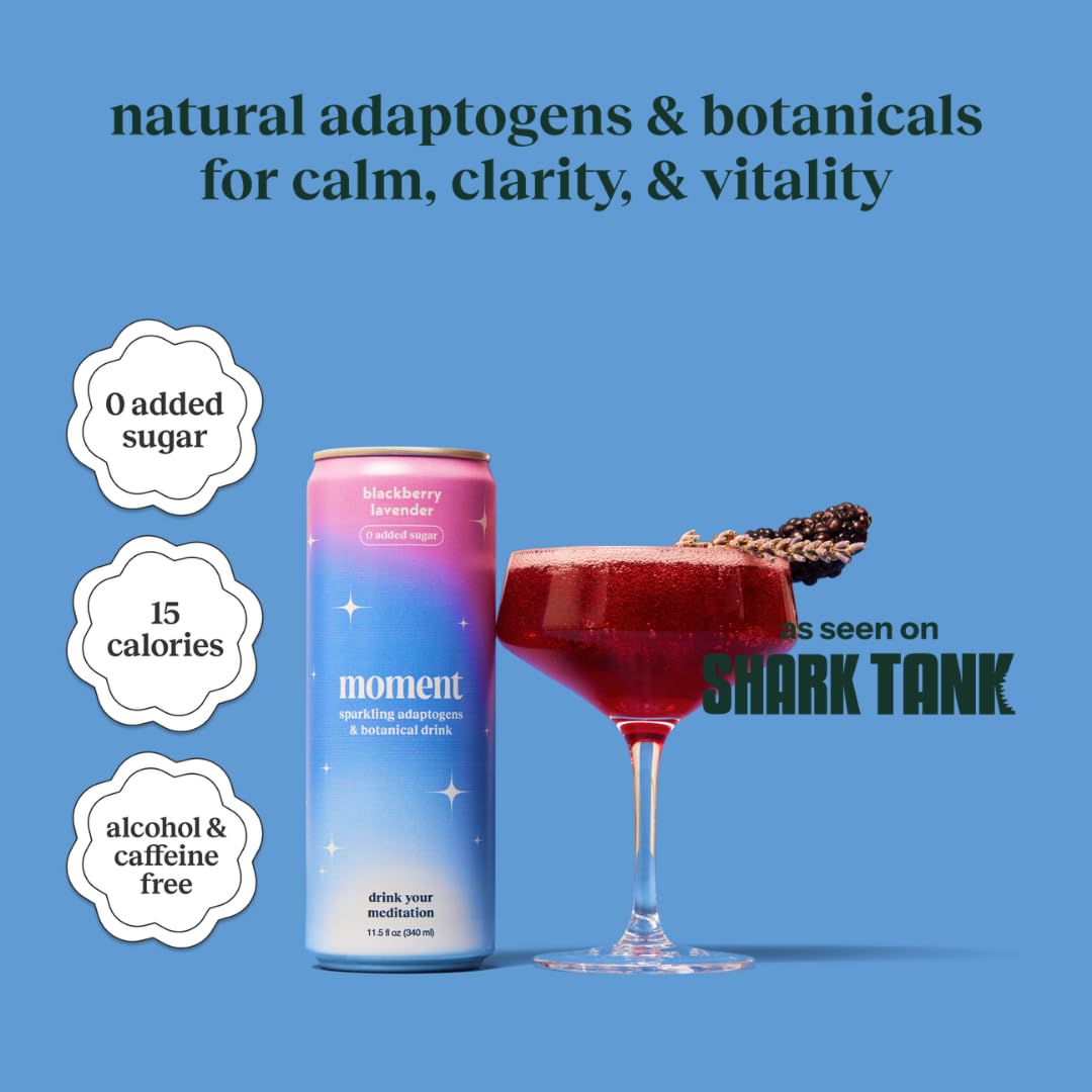 Moment Botanical Soda label closeup reveals blackberry lavender flavor for calm focus.