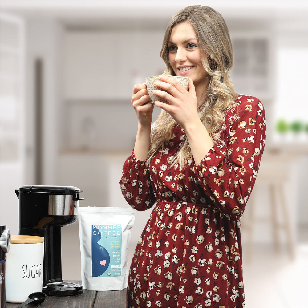 Mommee Coffee offers about 50 mg caffeine per 12 oz cup for balanced alertness.