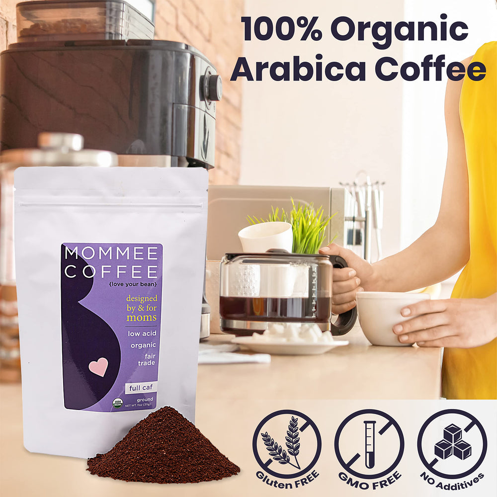 Mommee Coffee Organic Arabica Beans highlighting 100% organic, non-GMO beans.