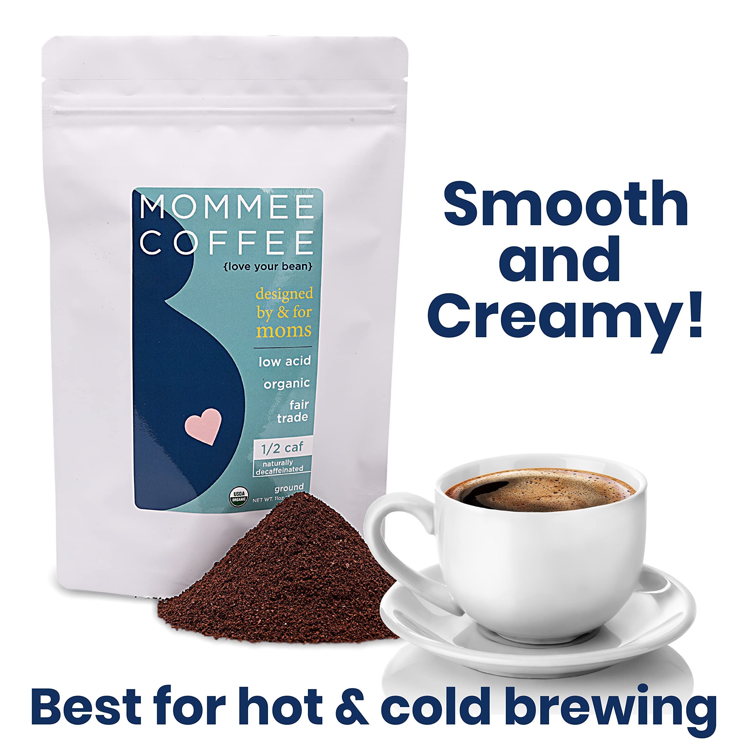 Cup of Mommee Coffee Half Caf highlights caramel tones in a comforting brew.