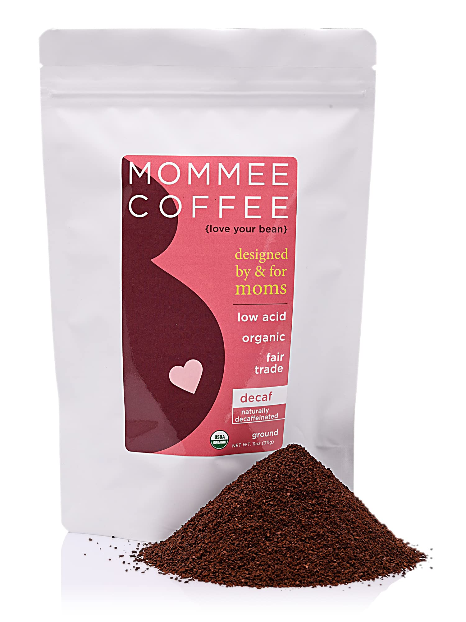 Mommee Coffee decaf ground 11 oz pack showing packaging with smooth caramel flavor