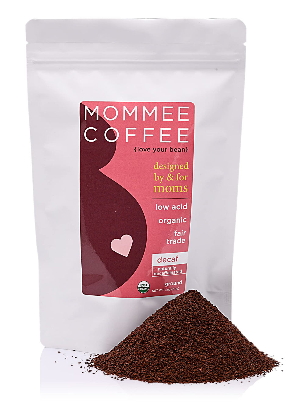 Mommee Coffee decaf ground 11 oz pack showing packaging with smooth caramel flavor