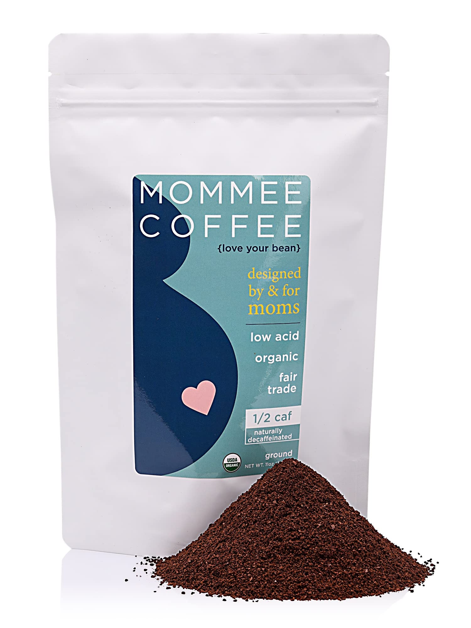 Mommee Coffee Half Caf ground coffee bag showcases caramel aroma and smooth flavor.