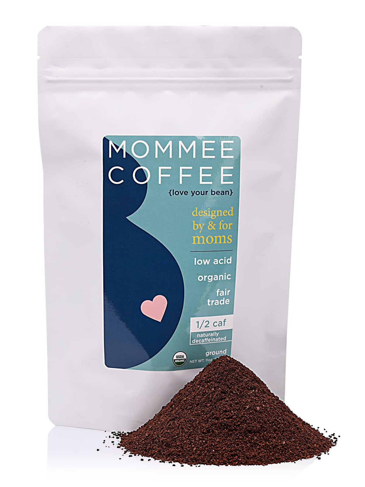 Mommee Coffee Half Caf ground coffee bag showcases caramel aroma and smooth flavor.