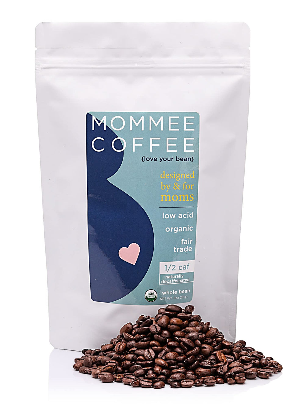 Mommee Coffee Half Caf packaging front shows organic beans and half-caf option.