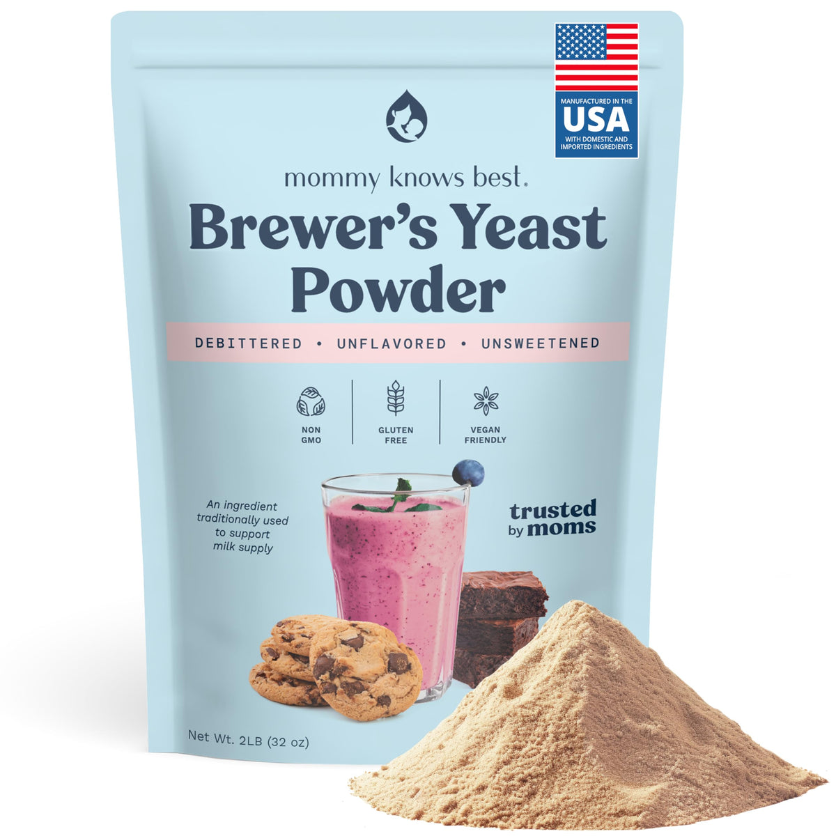 Mommy Knows Best Brewers Yeast Powder bottle for lactation nutrition.