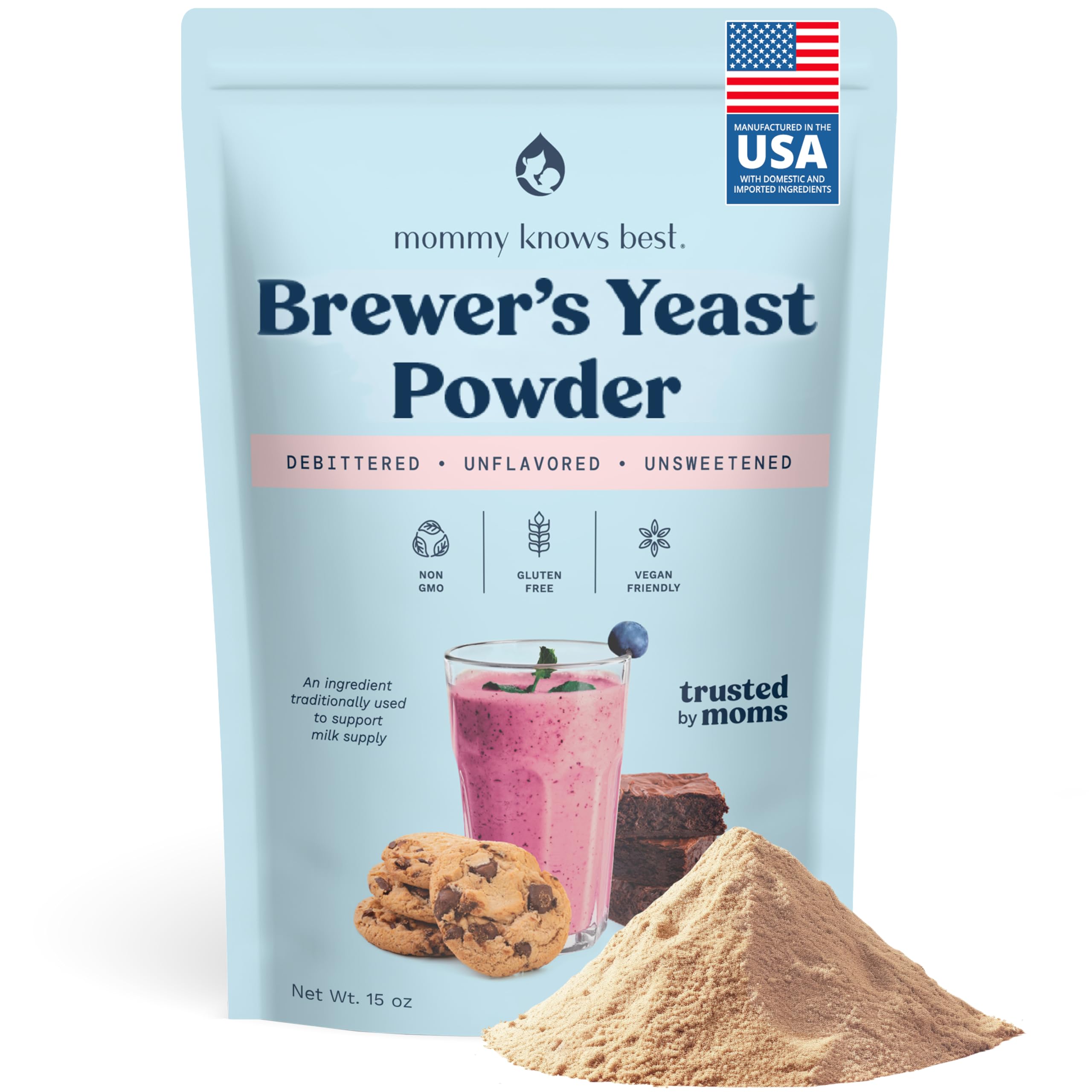 Mommy Knows Best Brewer's Yeast Powder bottle shows gluten-free formula for lactation-friendly nutrition