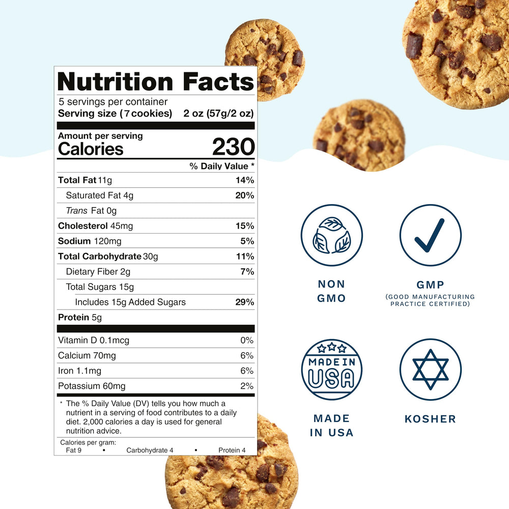 10oz container of Mommy Knows Best lactation cookies chocolate chip.