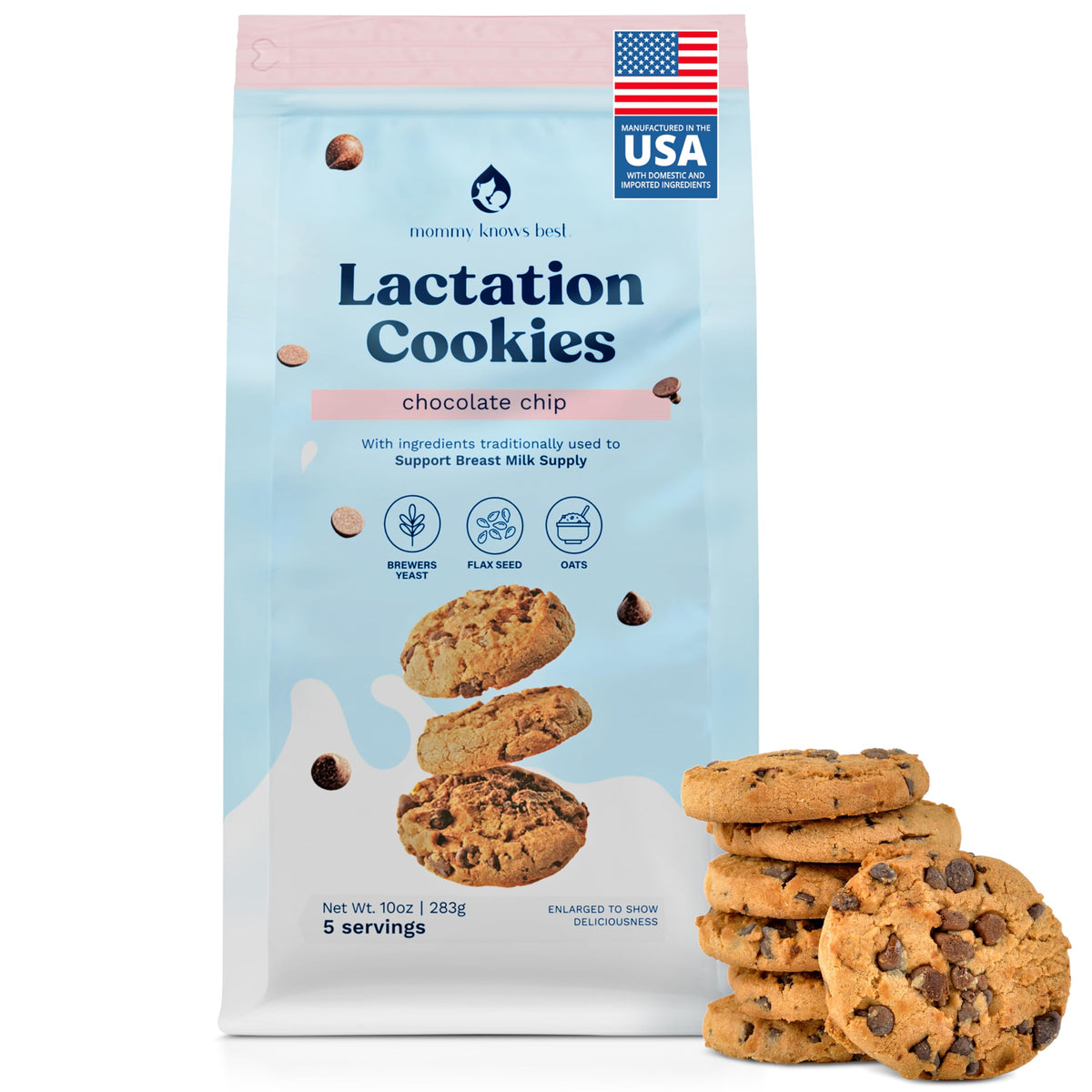 Mommy Knows Best lactation cookies chocolate chip packaging, fresh and gift-ready.