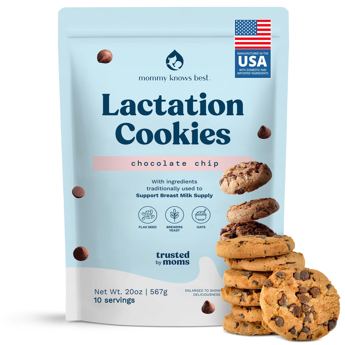 Mommy Knows Best lactation cookies chocolate chip packaging shows a convenient, tasty snack.